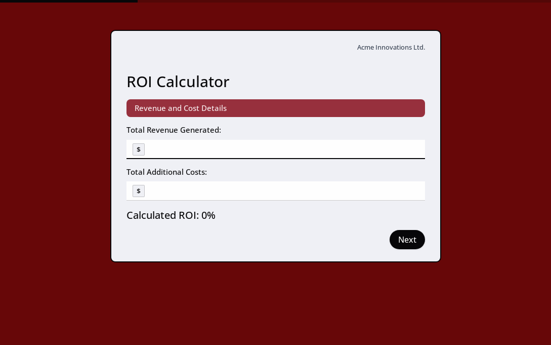 Interactive ROI calculator interface with input fields for calculating business return on investment